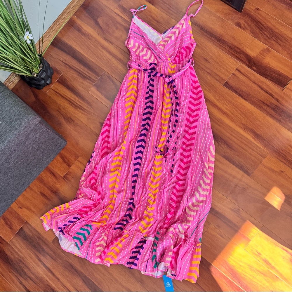 Cupshe Vibrant Pink Sleeveless Chevron Print Maxi Dress w/Pockets - Picture 10 of 14